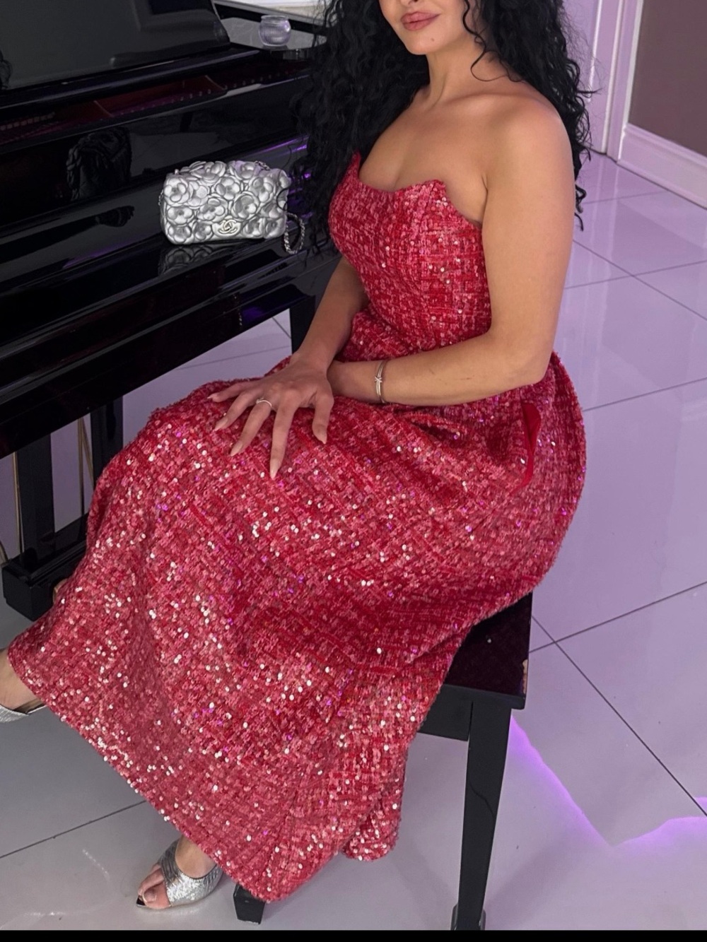 Fashion Nova Margot Embellished Tweed Midi Dress Hot Pink Size Medium